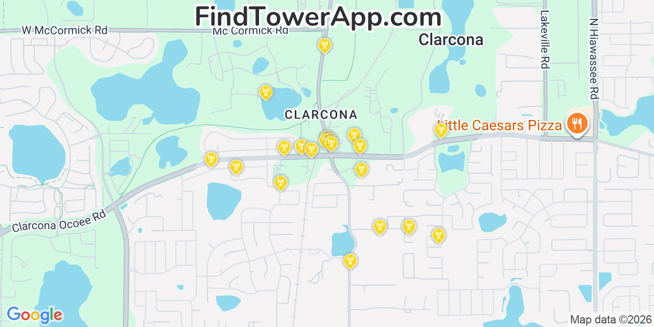 Map showing the 20 primary cell tower locations detected in Clarcona, Florida from AT&T, Verizon, and T-Mobile networks