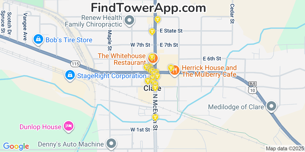 Map showing the 20 primary cell tower locations detected in Clare, Michigan from AT&T, Verizon, and T-Mobile networks