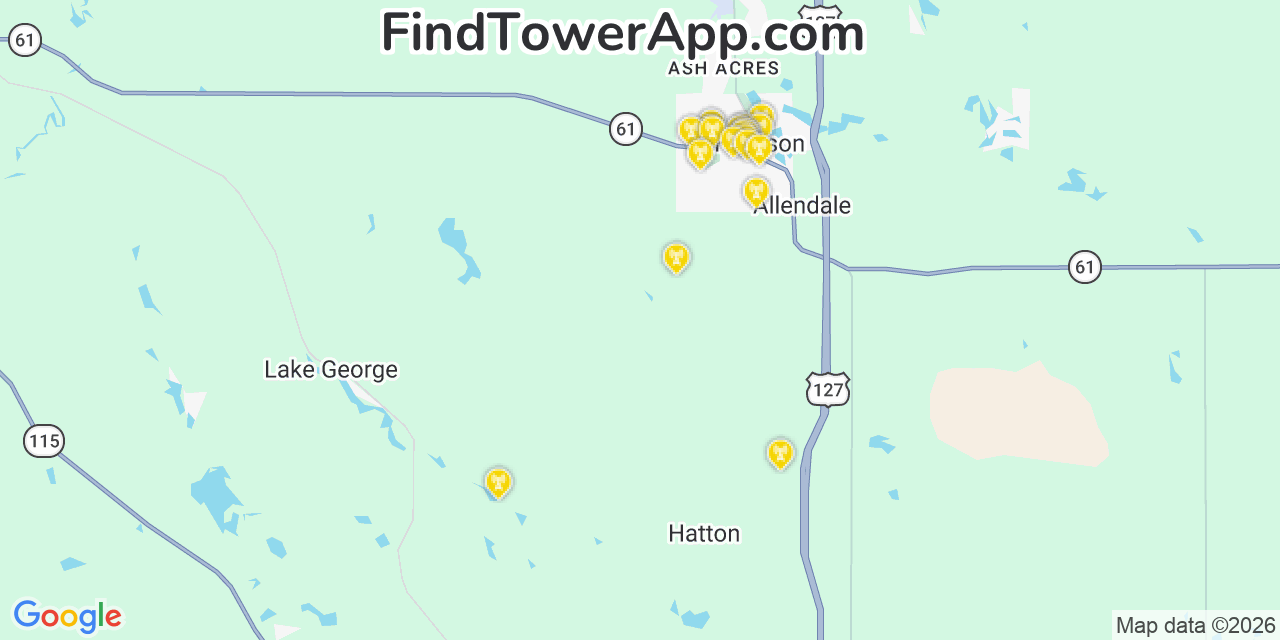 Map showing the 20 primary cell tower locations detected in Clare, Michigan from AT&T, Verizon, and T-Mobile networks