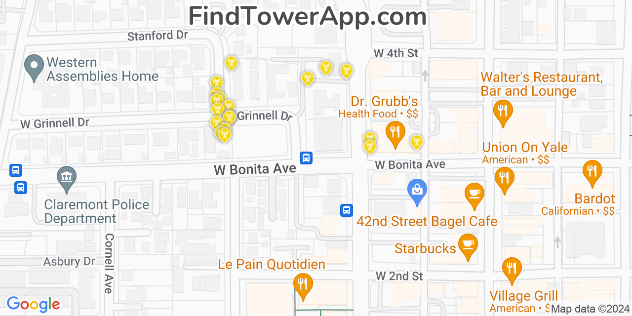 AT&T 4G/5G cell tower coverage map Claremont, California