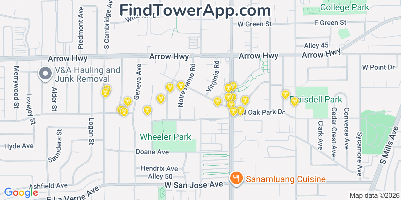 Map showing the 20 primary cell tower locations detected in Claremont, California from AT&T, Verizon, and T-Mobile networks