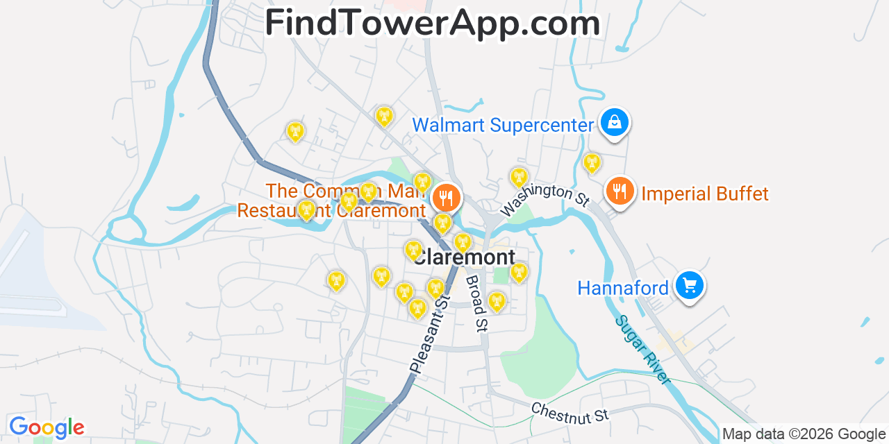 Map showing the 20 primary cell tower locations detected in Claremont, New Hampshire from AT&T, Verizon, and T-Mobile networks