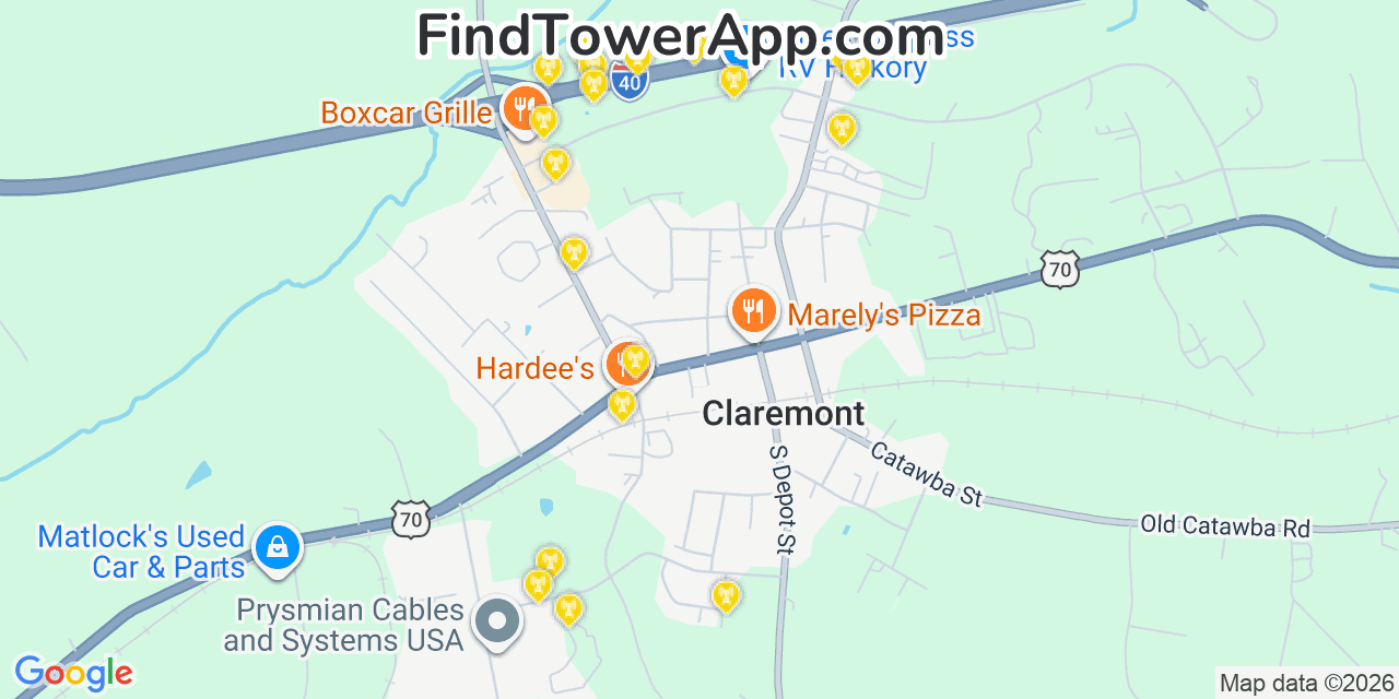Map showing the 20 primary cell tower locations detected in Claremont, North Carolina from AT&T, Verizon, and T-Mobile networks