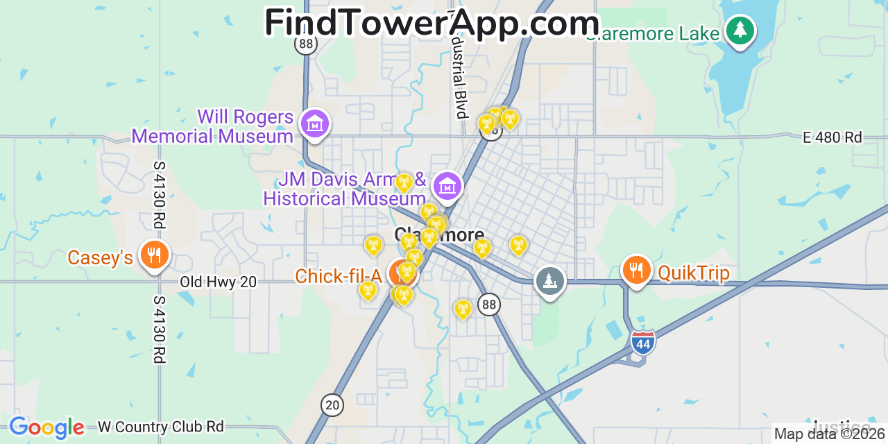 Map showing the 20 primary cell tower locations detected in Claremore, Oklahoma from AT&T, Verizon, and T-Mobile networks