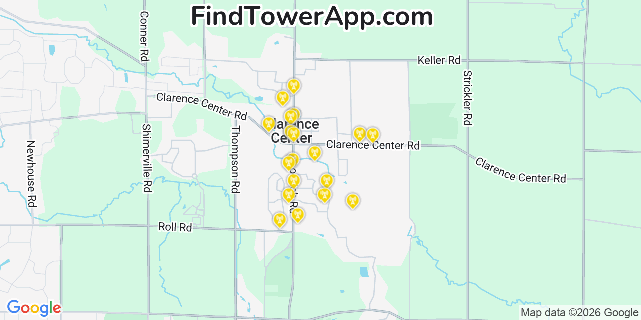 Map showing the 20 primary cell tower locations detected in Clarence Center, New York from AT&T, Verizon, and T-Mobile networks