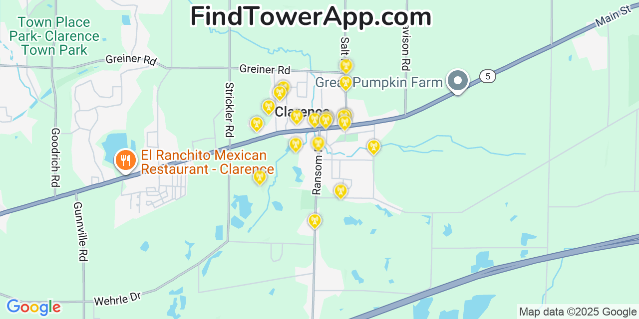 Map showing the 20 primary cell tower locations detected in Clarence, New York from AT&T, Verizon, and T-Mobile networks