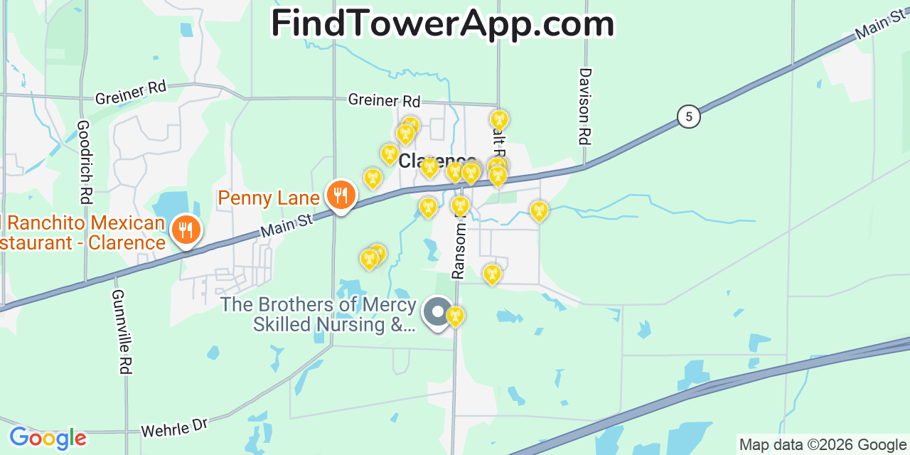 Map showing the 20 primary cell tower locations detected in Clarence, New York from AT&T, Verizon, and T-Mobile networks