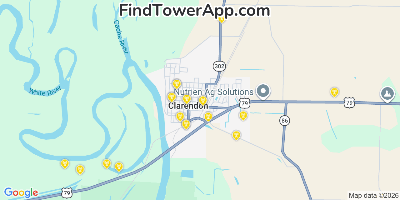 Map showing the 20 primary cell tower locations detected in Clarendon, Arkansas from AT&T, Verizon, and T-Mobile networks