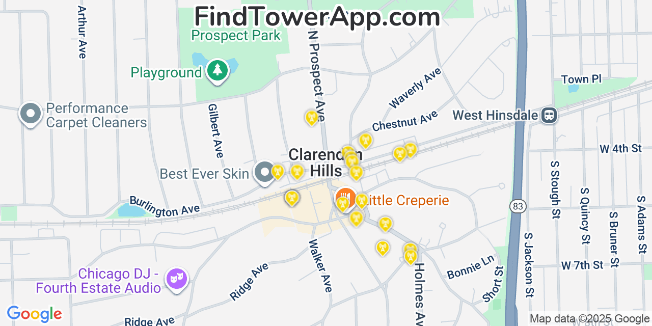 Map showing the 20 primary cell tower locations detected in Clarendon Hills, Illinois from AT&T, Verizon, and T-Mobile networks