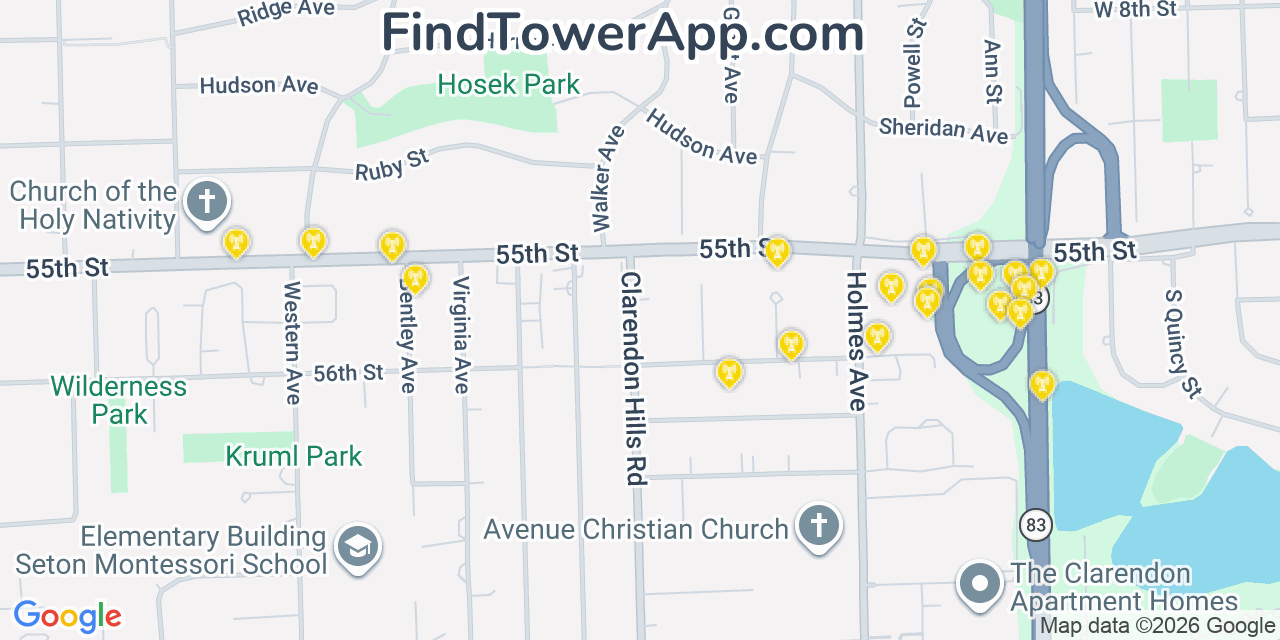 Map showing the 20 primary cell tower locations detected in Clarendon Hills, Illinois from AT&T, Verizon, and T-Mobile networks