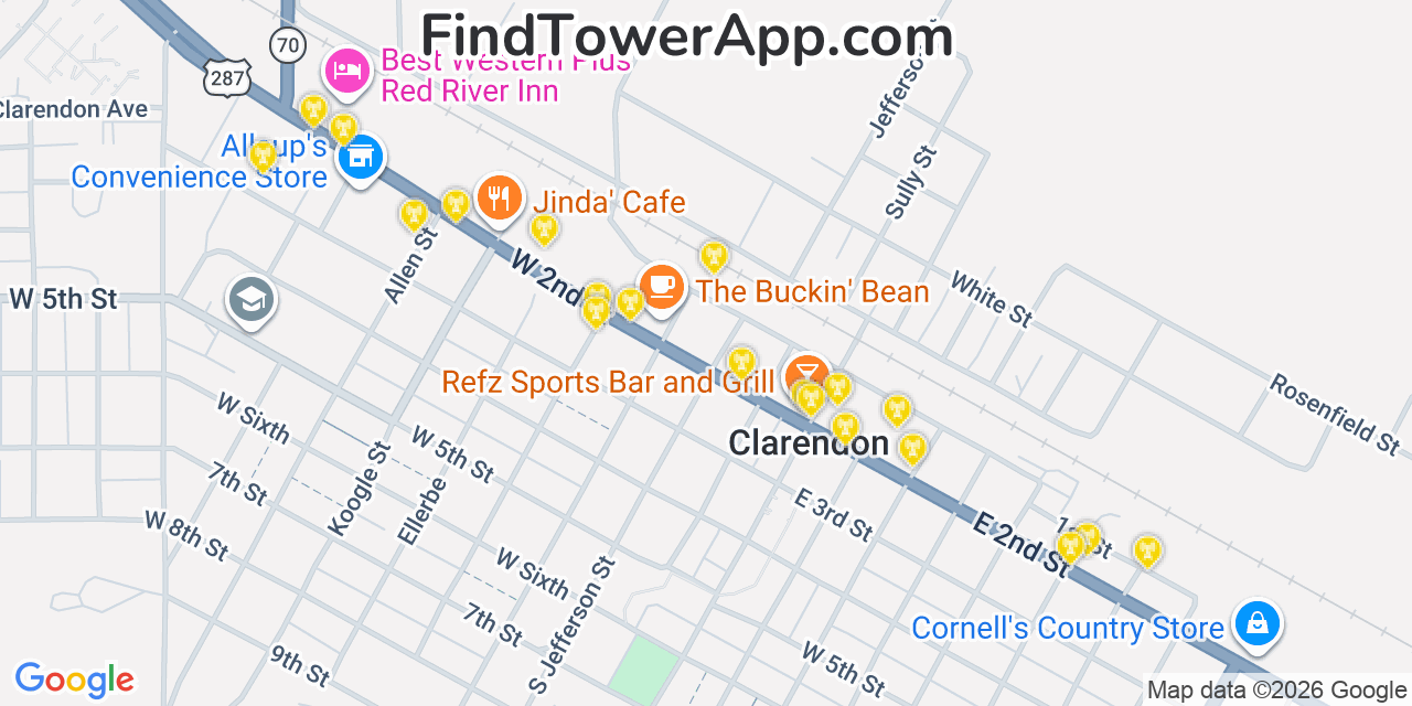 Map showing the 20 primary cell tower locations detected in Clarendon, Texas from AT&T, Verizon, and T-Mobile networks