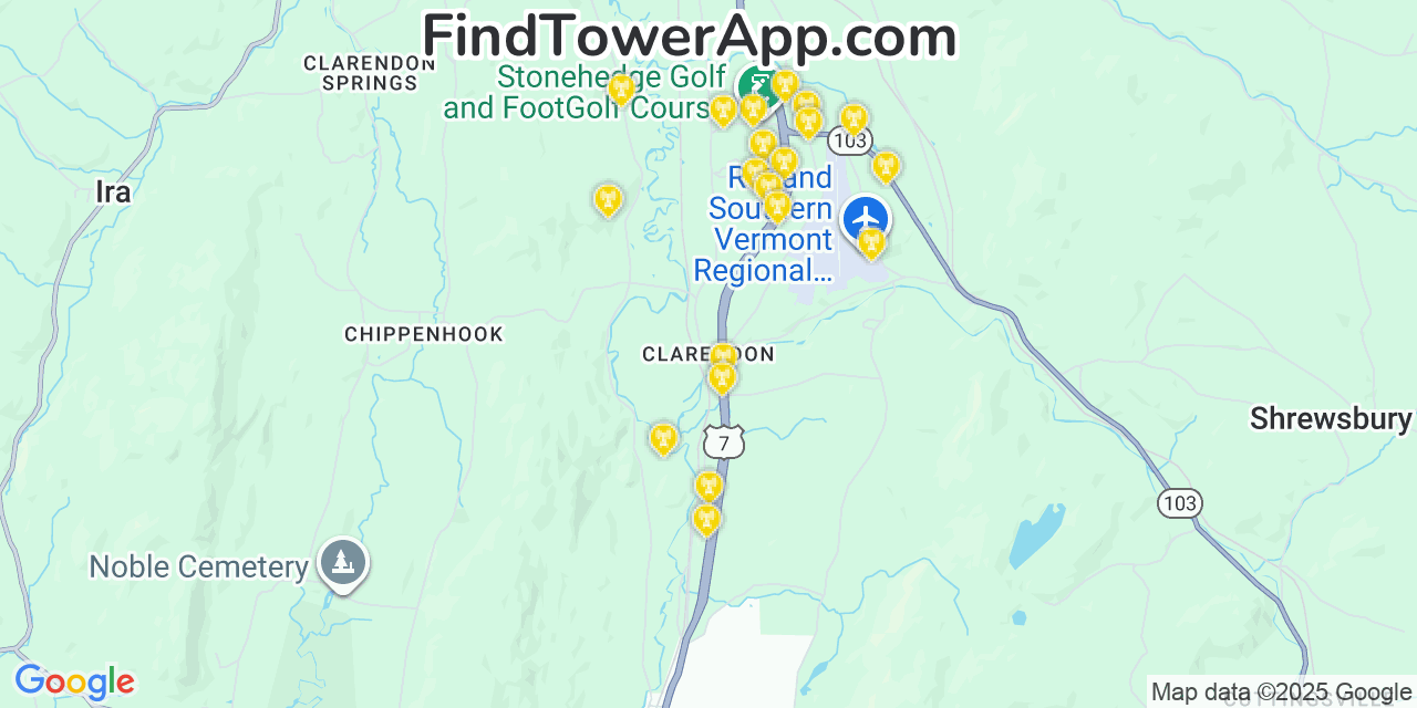 Map showing the 20 primary cell tower locations detected in Clarendon, Vermont from AT&T, Verizon, and T-Mobile networks