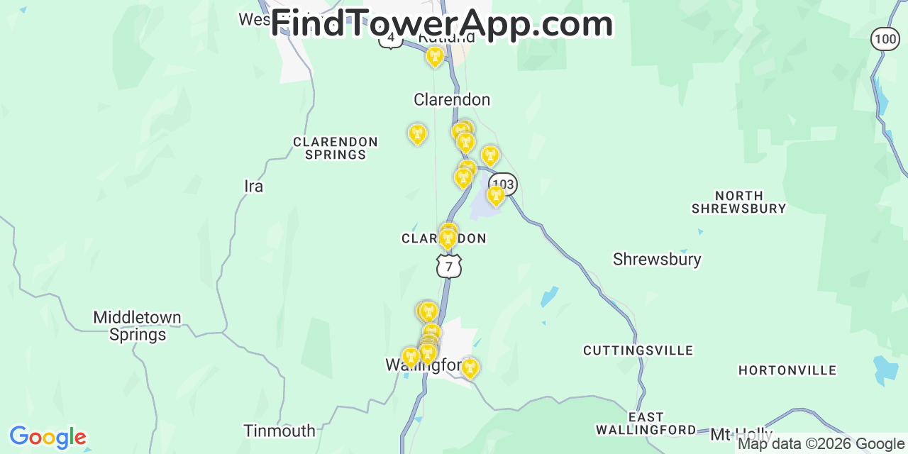 Map showing the 20 primary cell tower locations detected in Clarendon, Vermont from AT&T, Verizon, and T-Mobile networks