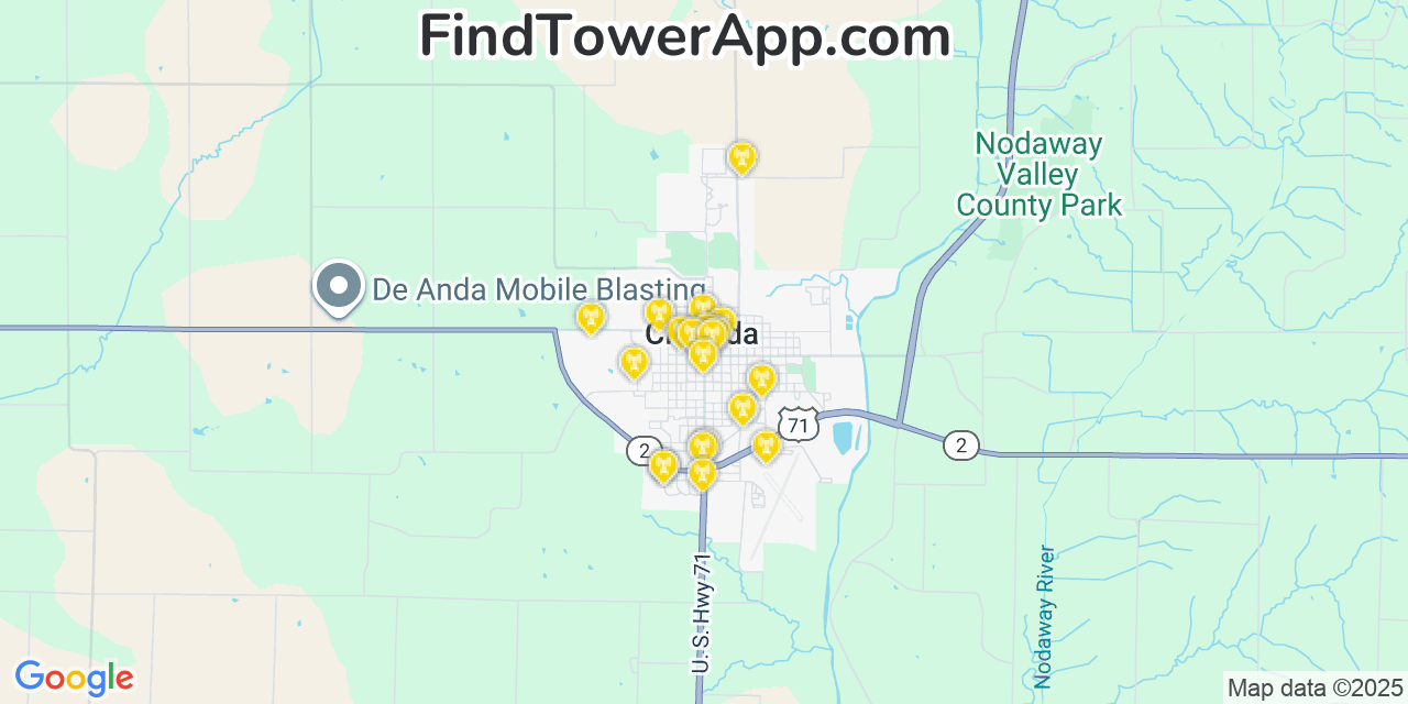 Map showing the 20 primary cell tower locations detected in Clarinda, Iowa from AT&T, Verizon, and T-Mobile networks