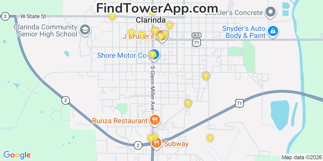 Map showing the 20 primary cell tower locations detected in Clarinda, Iowa from AT&T, Verizon, and T-Mobile networks