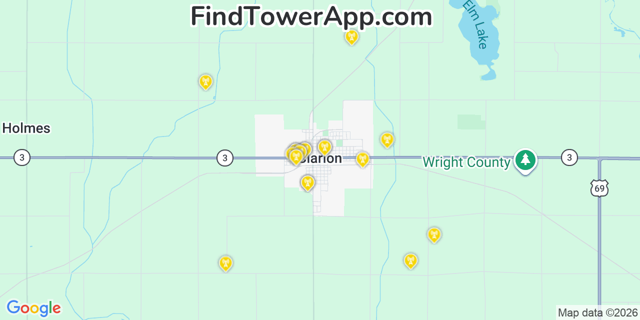 Map showing the 20 primary cell tower locations detected in Clarion, Iowa from AT&T, Verizon, and T-Mobile networks
