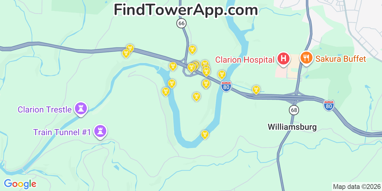 Map showing the 20 primary cell tower locations detected in Clarion, Pennsylvania from AT&T, Verizon, and T-Mobile networks