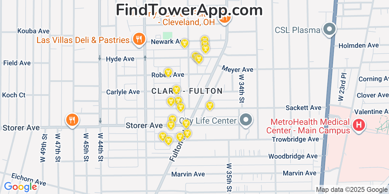Map showing the 20 primary cell tower locations detected in Clark-Fulton, Ohio from AT&T, Verizon, and T-Mobile networks