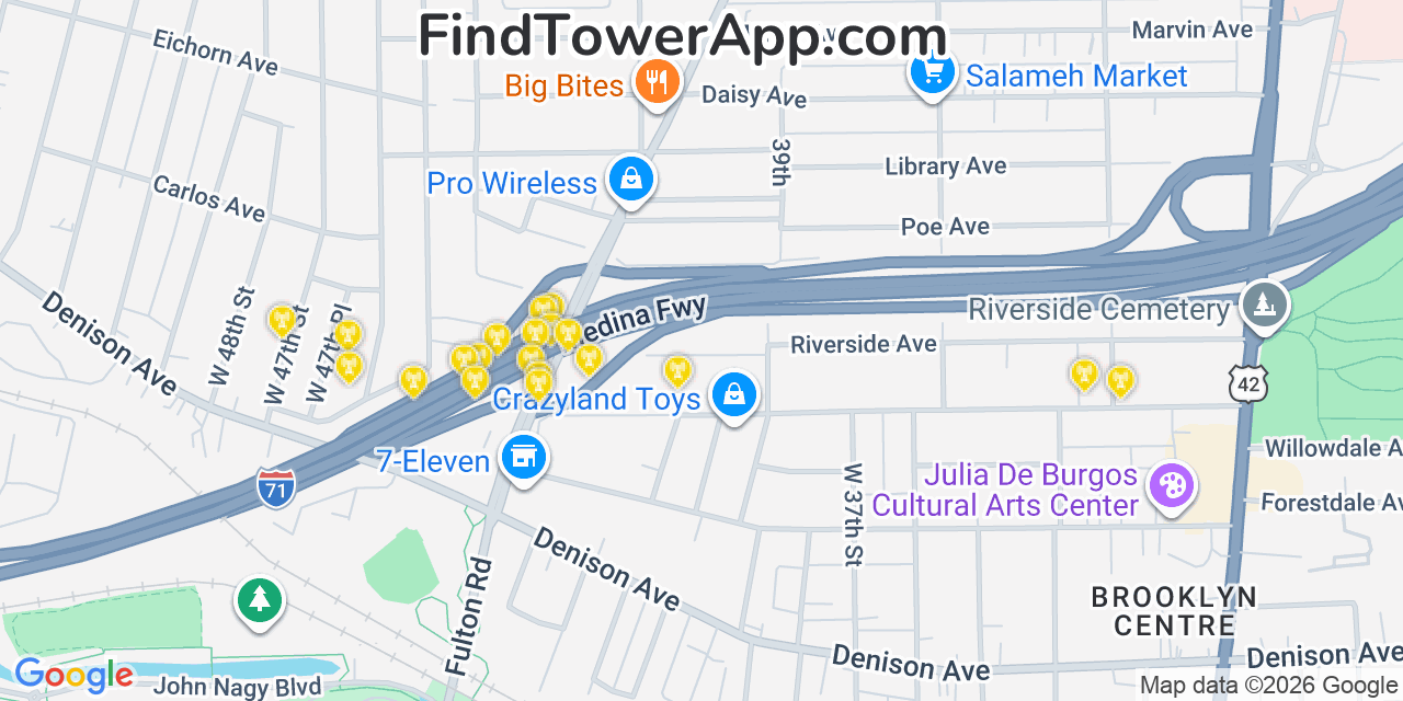 Map showing the 20 primary cell tower locations detected in Clark Fulton, Ohio from AT&T, Verizon, and T-Mobile networks