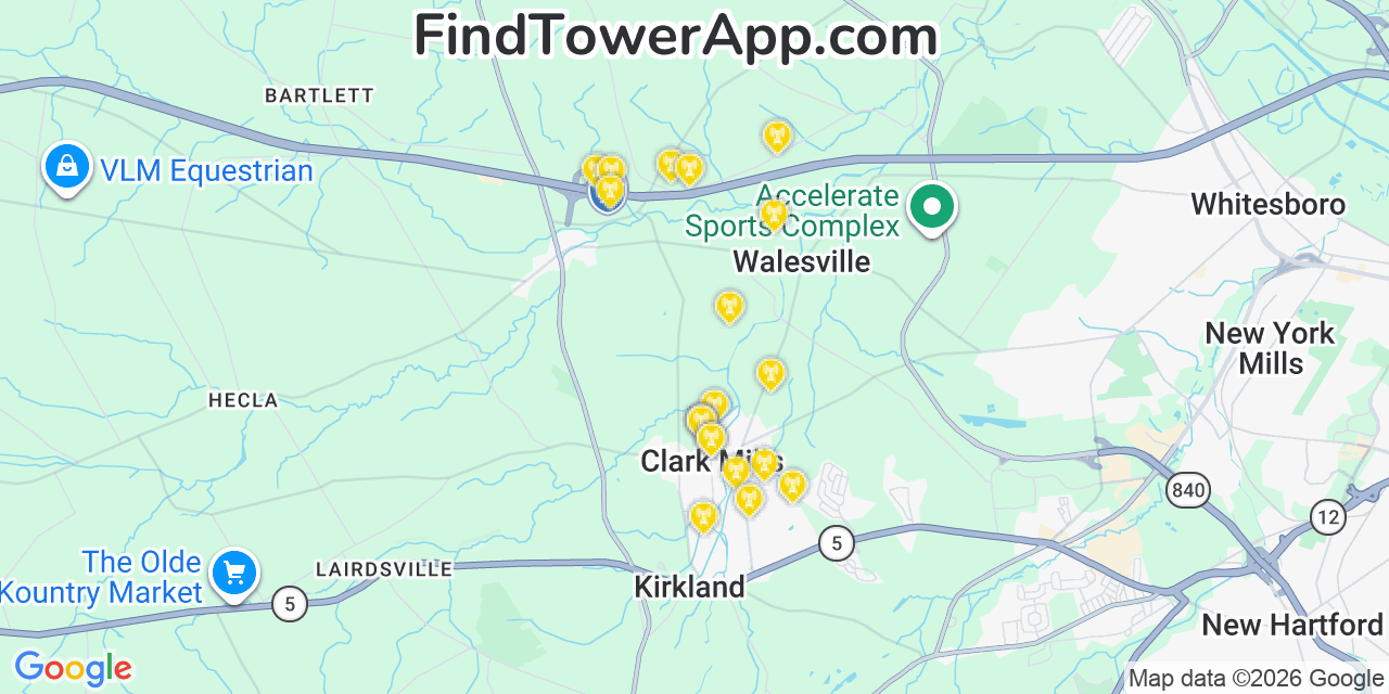 Map showing the 20 primary cell tower locations detected in Clark Mills, New York from AT&T, Verizon, and T-Mobile networks