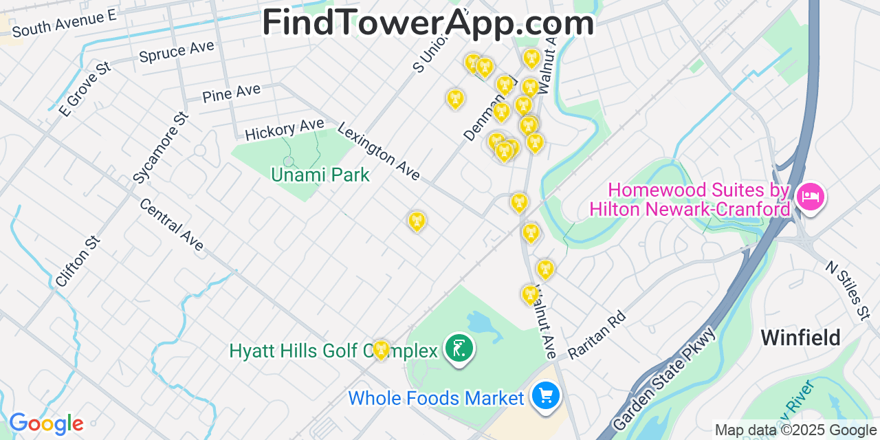 Map showing the 20 primary cell tower locations detected in Clark, New Jersey from AT&T, Verizon, and T-Mobile networks