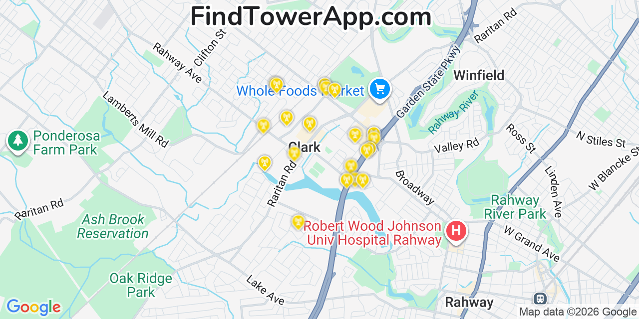 Map showing the 20 primary cell tower locations detected in Clark, New Jersey from AT&T, Verizon, and T-Mobile networks