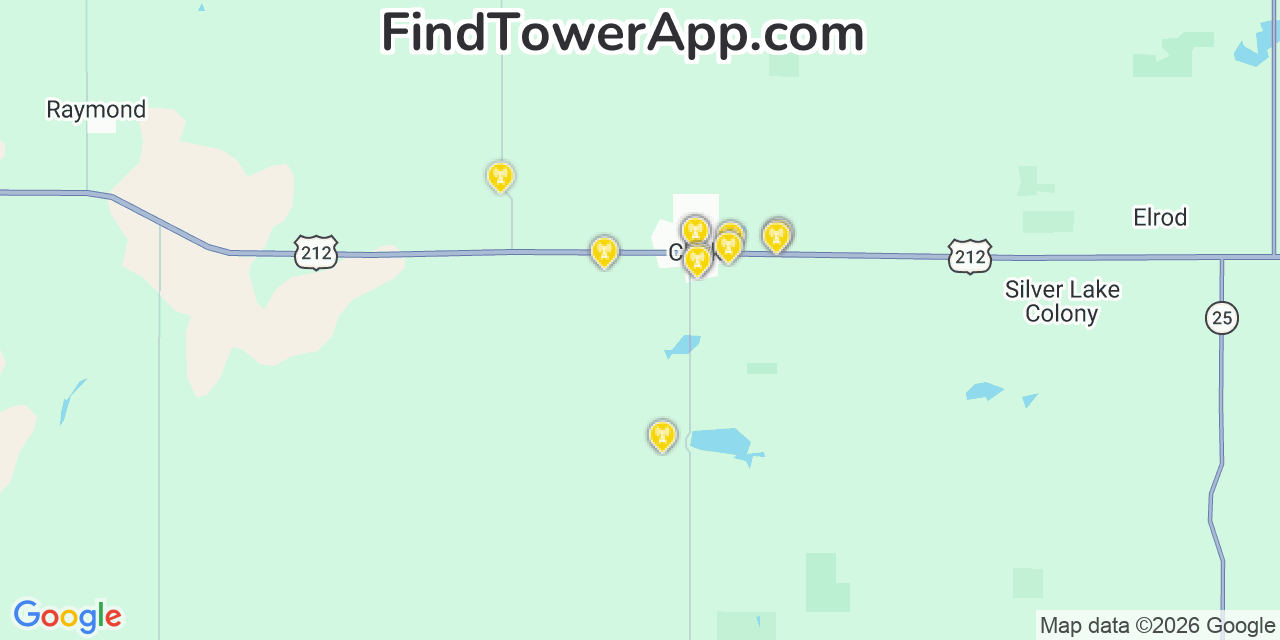 Map showing the 20 primary cell tower locations detected in Clark, South Dakota from AT&T, Verizon, and T-Mobile networks