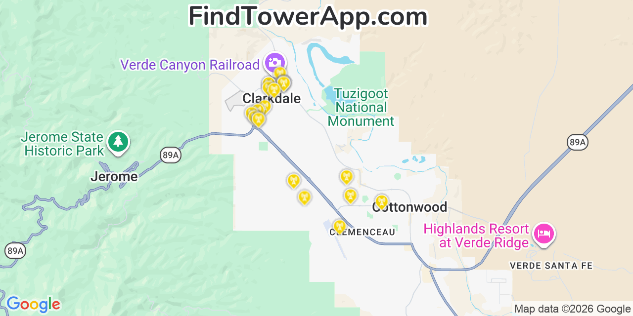 Map showing the 20 primary cell tower locations detected in Clarkdale, Arizona from AT&T, Verizon, and T-Mobile networks