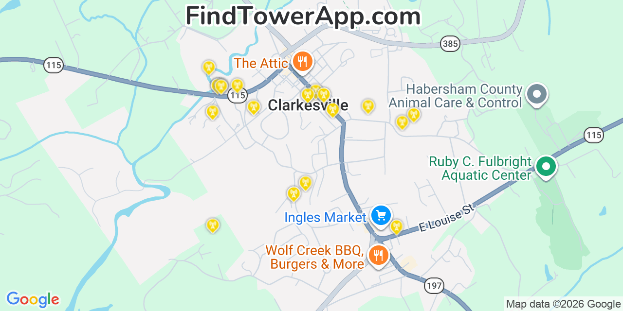 Map showing the 20 primary cell tower locations detected in Clarkesville, Georgia from AT&T, Verizon, and T-Mobile networks