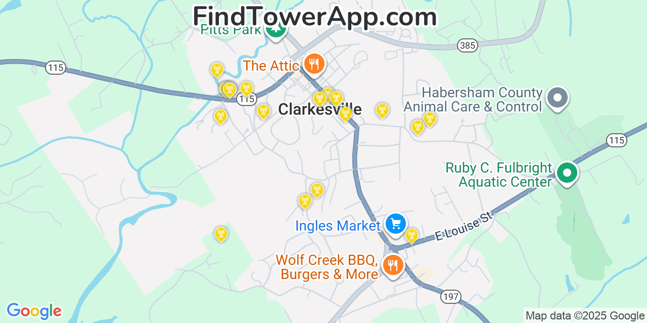 Map showing the 20 primary Mobitel cell tower locations detected in Clarkesville, Georgia with coverage radius and signal strength indicators