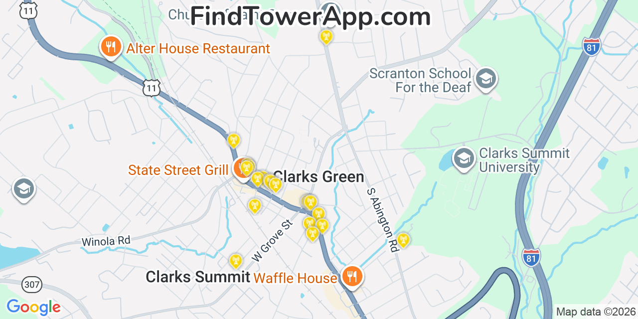Map showing the 20 primary cell tower locations detected in Clarks Green, Pennsylvania from AT&T, Verizon, and T-Mobile networks