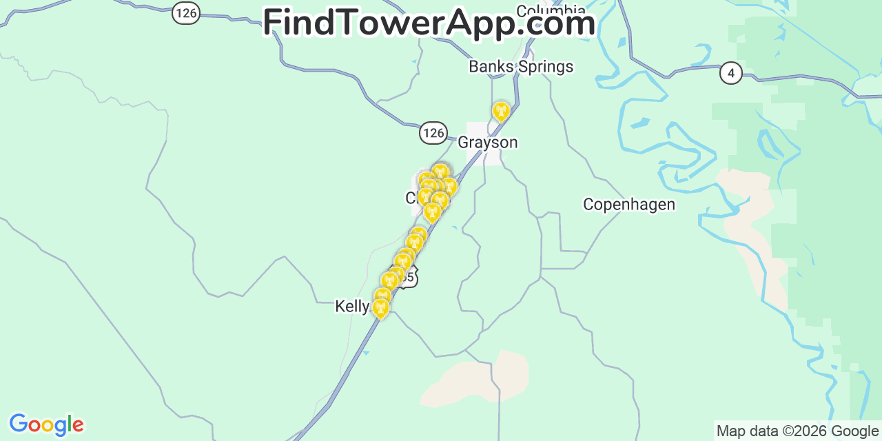 Map showing the 20 primary cell tower locations detected in Clarks, Louisiana from AT&T, Verizon, and T-Mobile networks