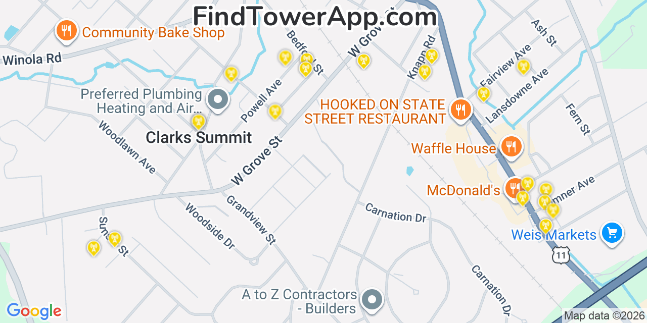 Map showing the 20 primary cell tower locations detected in Clarks Summit, Pennsylvania from AT&T, Verizon, and T-Mobile networks