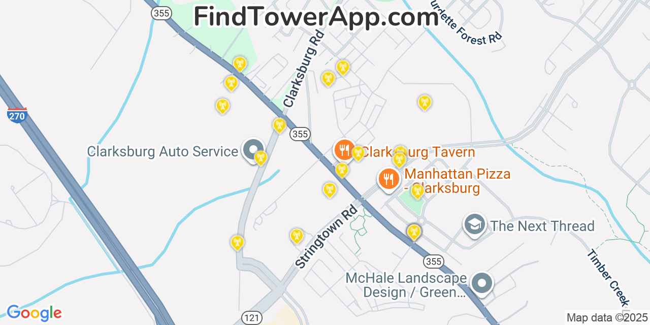 Map showing the 20 primary cell tower locations detected in Clarksburg, Maryland from AT&T, Verizon, and T-Mobile networks