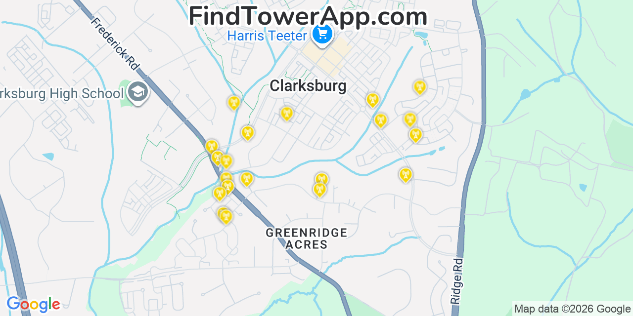 Map showing the 20 primary cell tower locations detected in Clarksburg, Maryland from AT&T, Verizon, and T-Mobile networks
