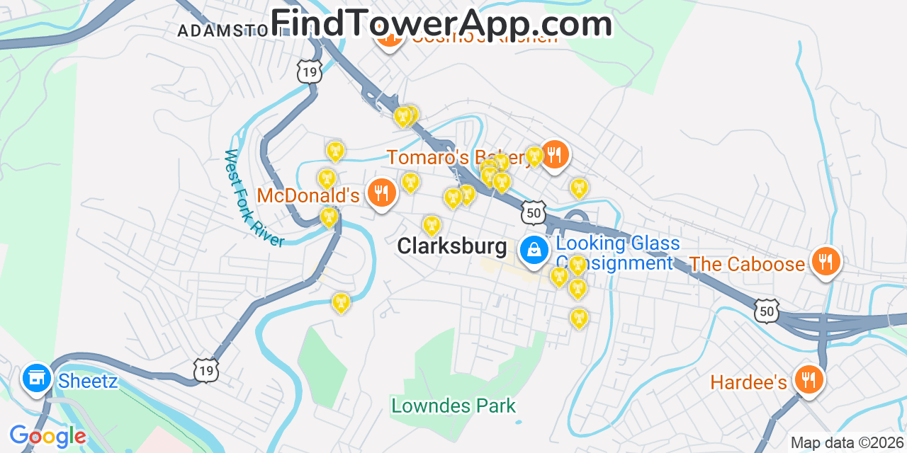 Map showing the 20 primary cell tower locations detected in Clarksburg, West Virginia from AT&T, Verizon, and T-Mobile networks