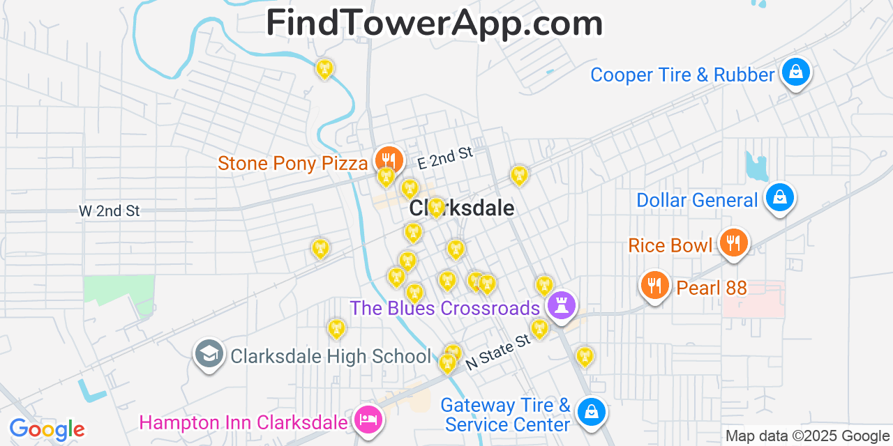 Map showing the 20 primary cell tower locations detected in Clarksdale, Mississippi from AT&T, Verizon, and T-Mobile networks