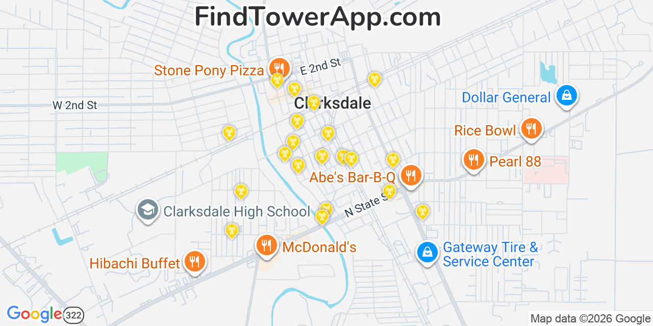 Map showing the 20 primary cell tower locations detected in Clarksdale, Mississippi from AT&T, Verizon, and T-Mobile networks