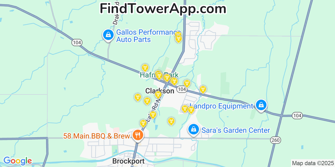 Map showing the 20 primary cell tower locations detected in Clarkson, New York from AT&T, Verizon, and T-Mobile networks