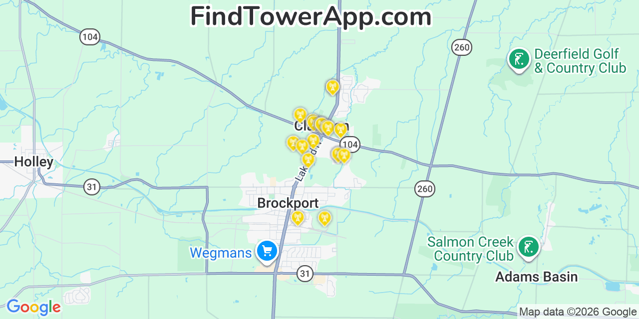 Map showing the 20 primary cell tower locations detected in Clarkson, New York from AT&T, Verizon, and T-Mobile networks