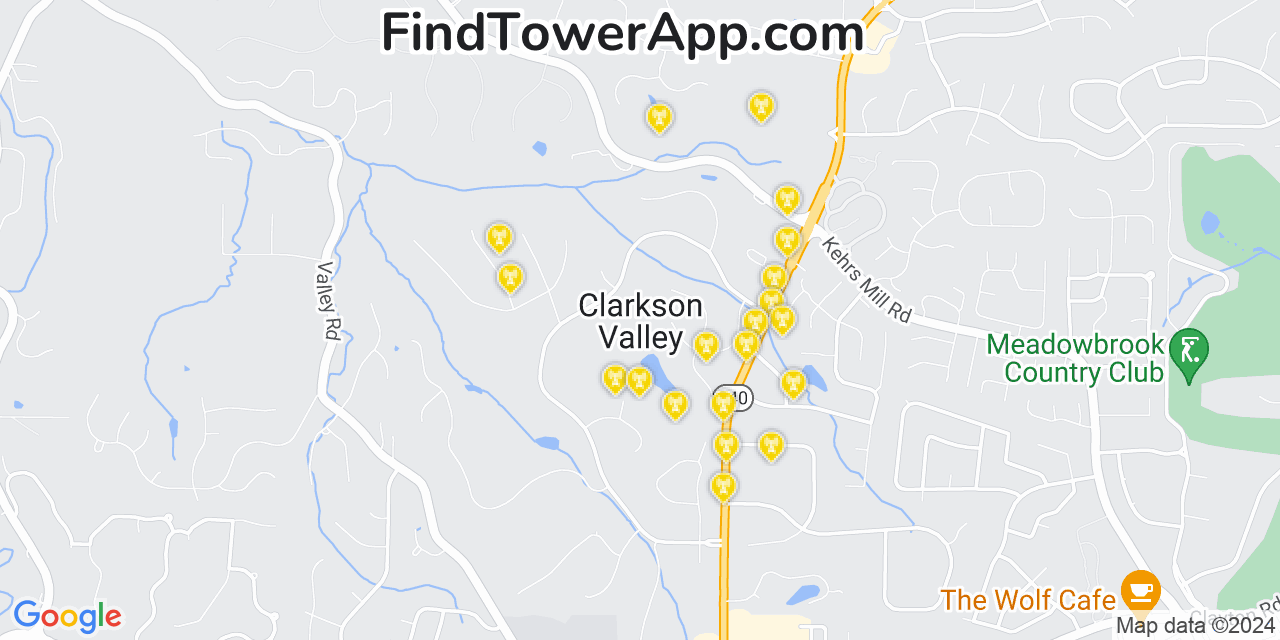 AT&T 4G/5G cell tower coverage map Clarkson Valley, Missouri