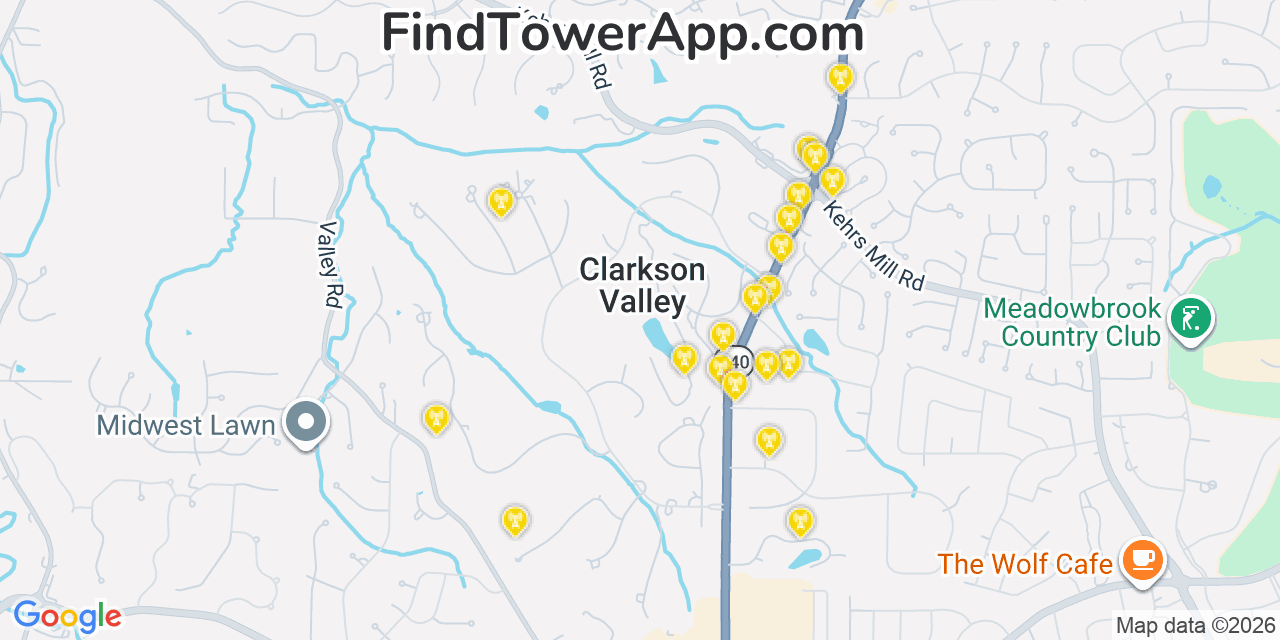 Map showing the 20 primary cell tower locations detected in Clarkson Valley, Missouri from AT&T, Verizon, and T-Mobile networks