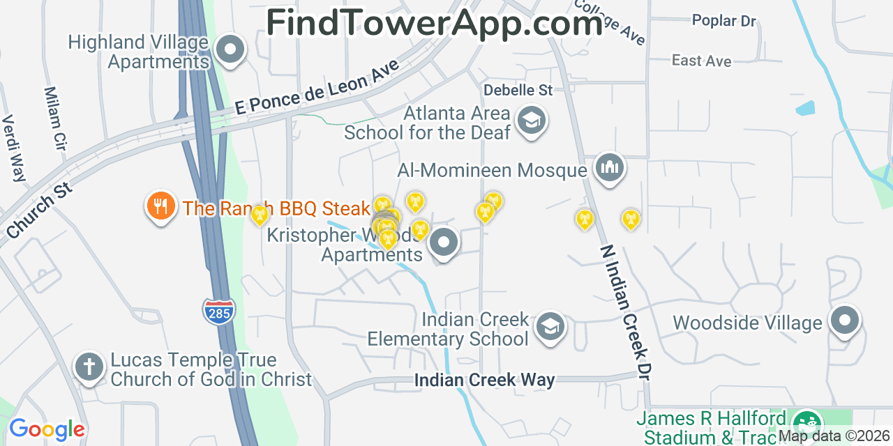 Map showing the 20 primary cell tower locations detected in Clarkston, Georgia from AT&T, Verizon, and T-Mobile networks