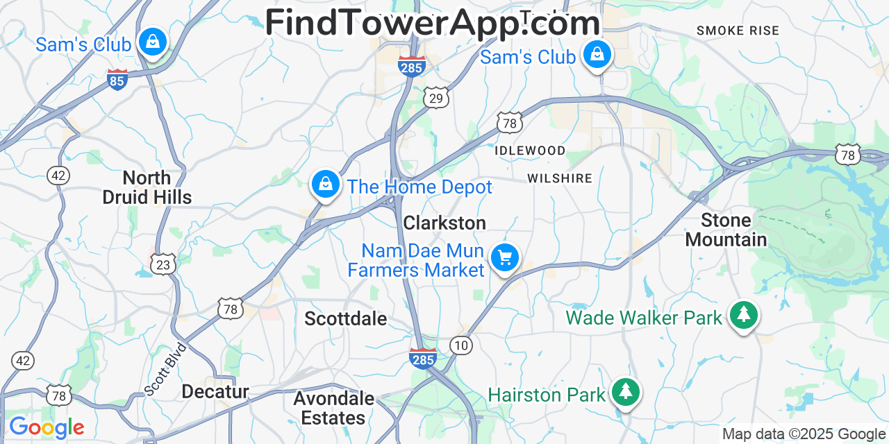Map showing the 20 primary Mobitel cell tower locations detected in Clarkston, Georgia with coverage radius and signal strength indicators