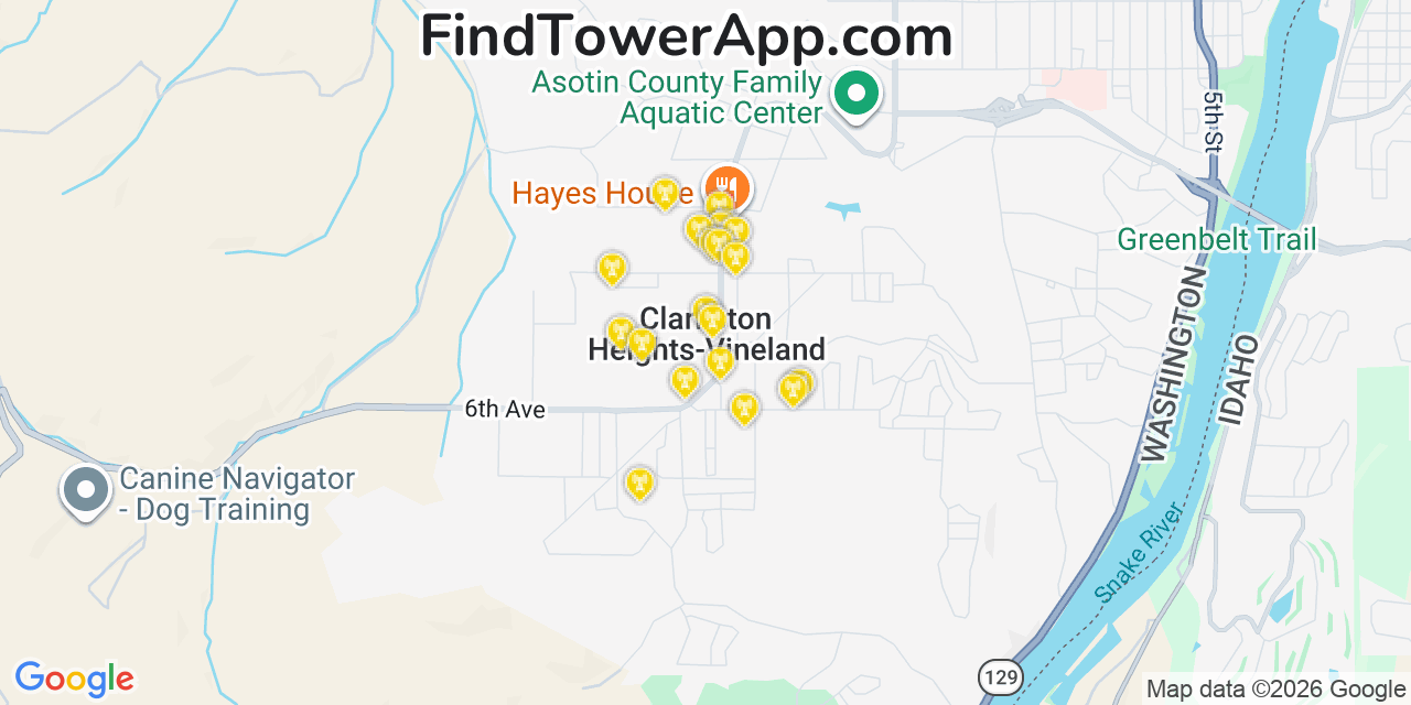 Map showing the 20 primary cell tower locations detected in Clarkston Heights Vineland, Washington from AT&T, Verizon, and T-Mobile networks