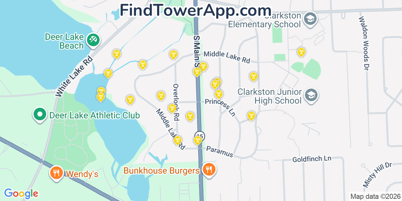 Map showing the 20 primary cell tower locations detected in Clarkston, Michigan from AT&T, Verizon, and T-Mobile networks