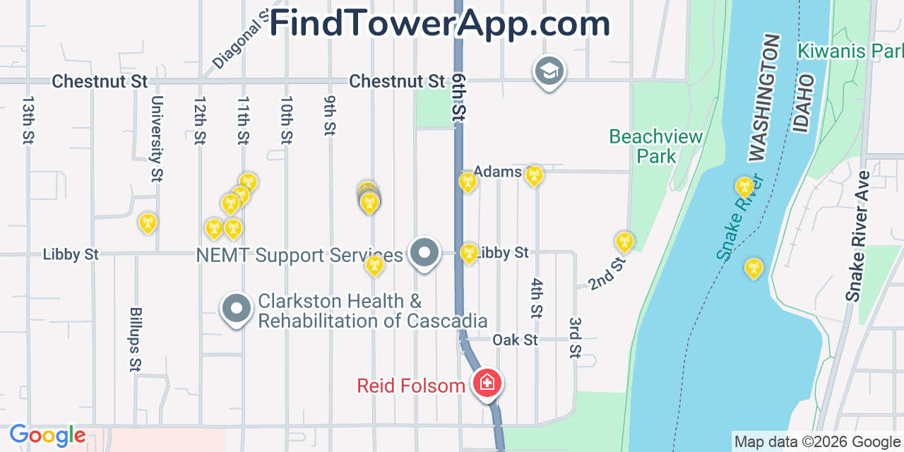 Map showing the 20 primary cell tower locations detected in Clarkston, Washington from AT&T, Verizon, and T-Mobile networks