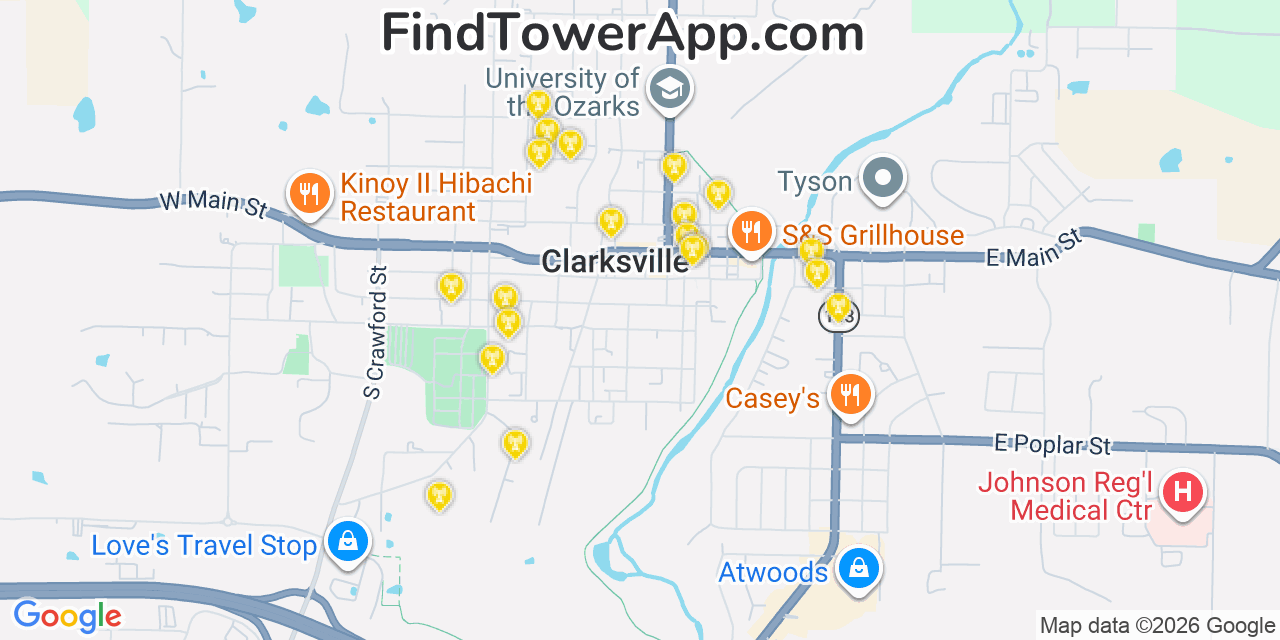Map showing the 20 primary cell tower locations detected in Clarksville, Arkansas from AT&T, Verizon, and T-Mobile networks