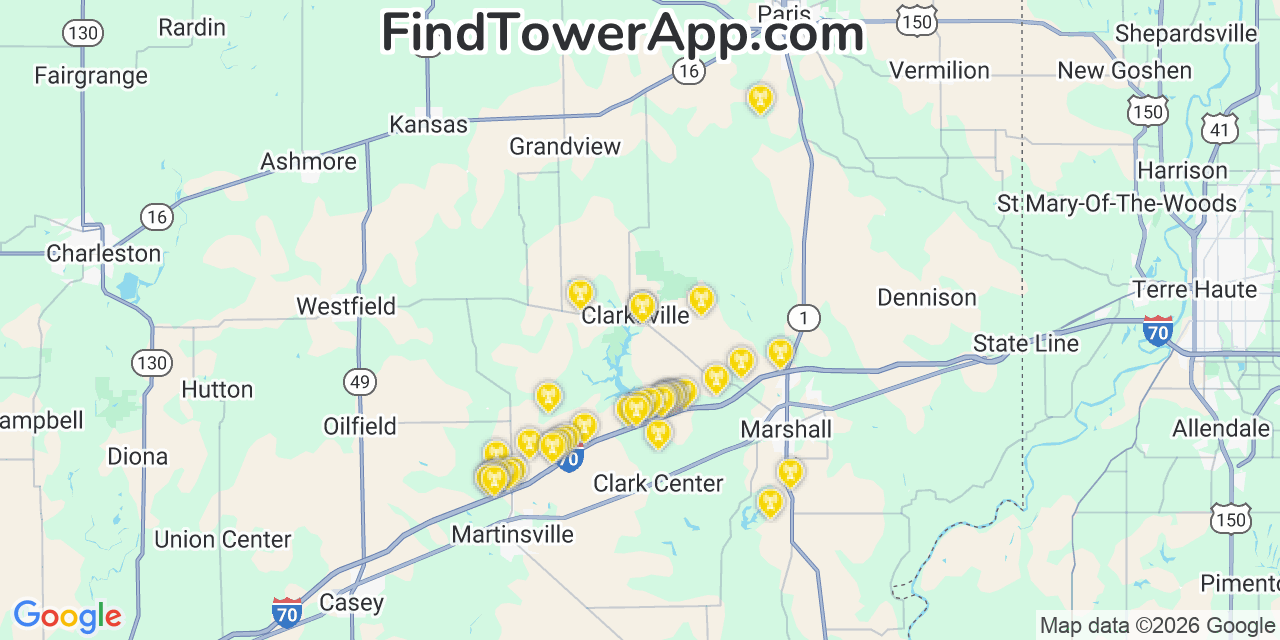 Map showing the 39 primary AT&T cell tower locations detected in Clarksville, Illinois with coverage radius and signal strength indicators