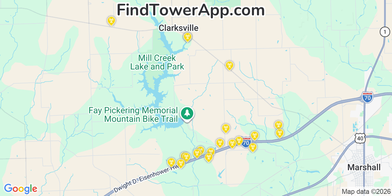 Map showing the 20 primary cell tower locations detected in Clarksville, Illinois from AT&T, Verizon, and T-Mobile networks